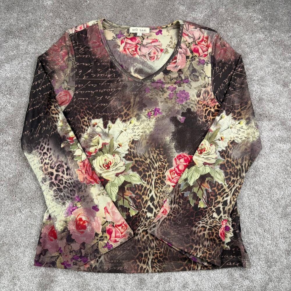 Xcit USA Floral Leopard Print Top Size L Long Sleeve Roses Boho Whimsigoth
